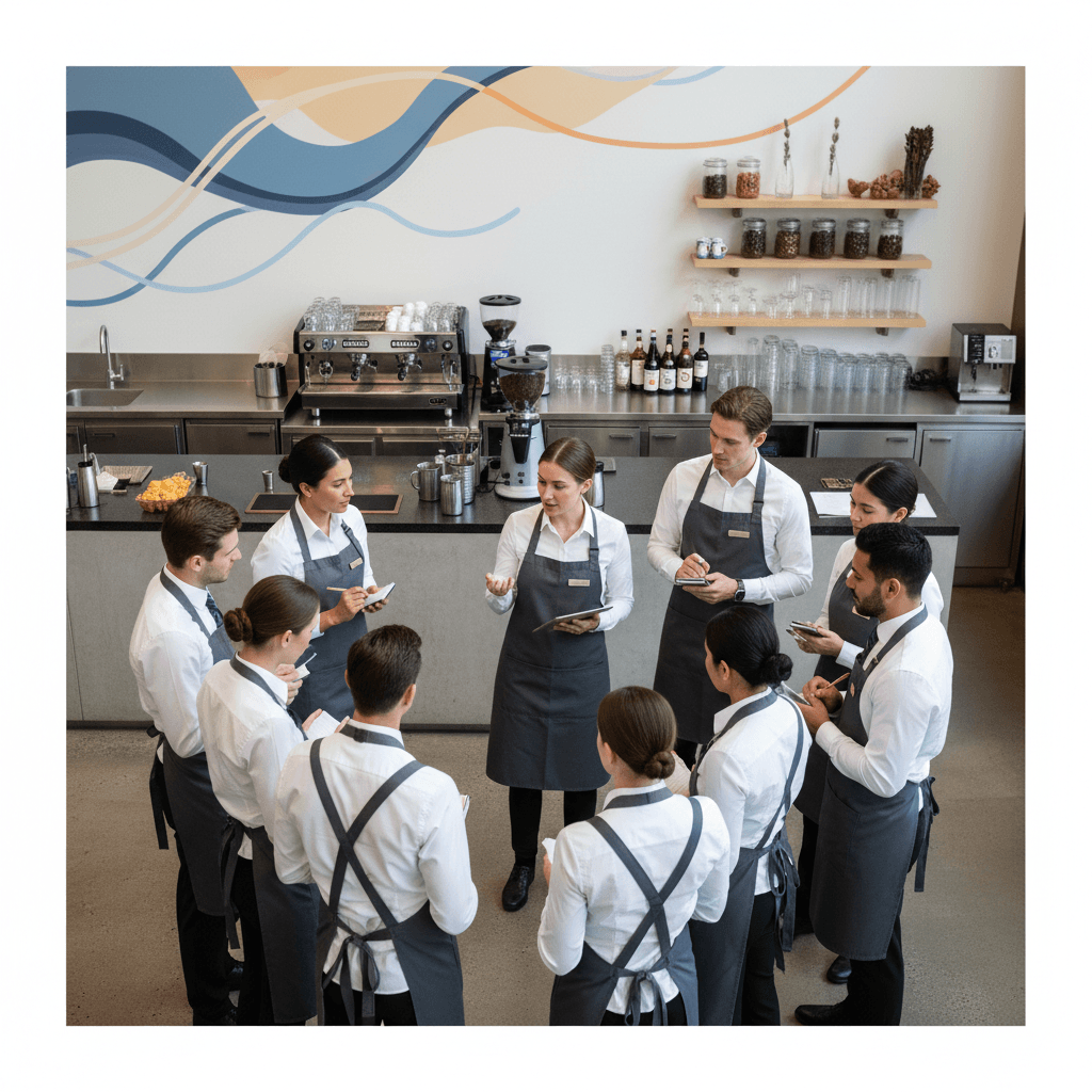 Hospitality team engaged in service training and skill development session