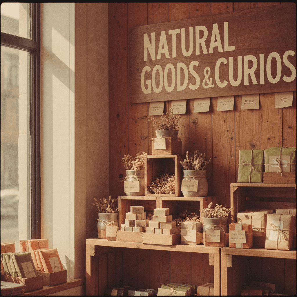 Retail merchandise display showing organized product presentation and visual merchandising