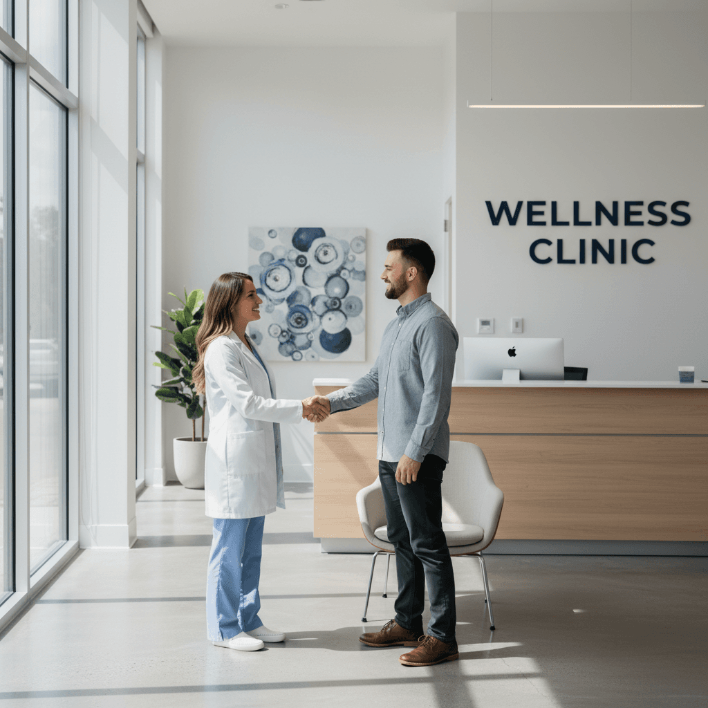 Healthcare professional greeting patient in clinic