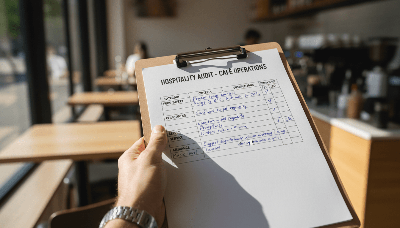 Detailed service audit notes being recorded on clipboard