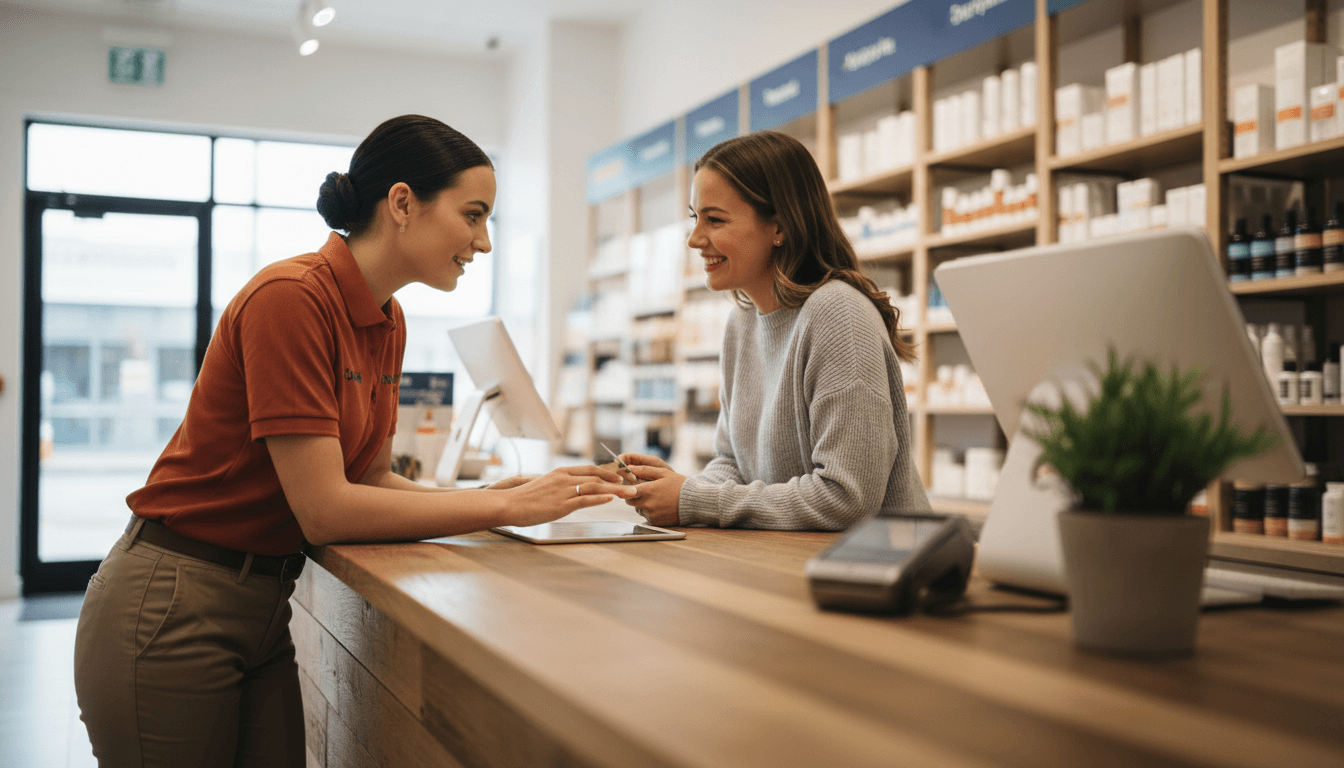 Retail staff member professionally assisting a customer at a store counter