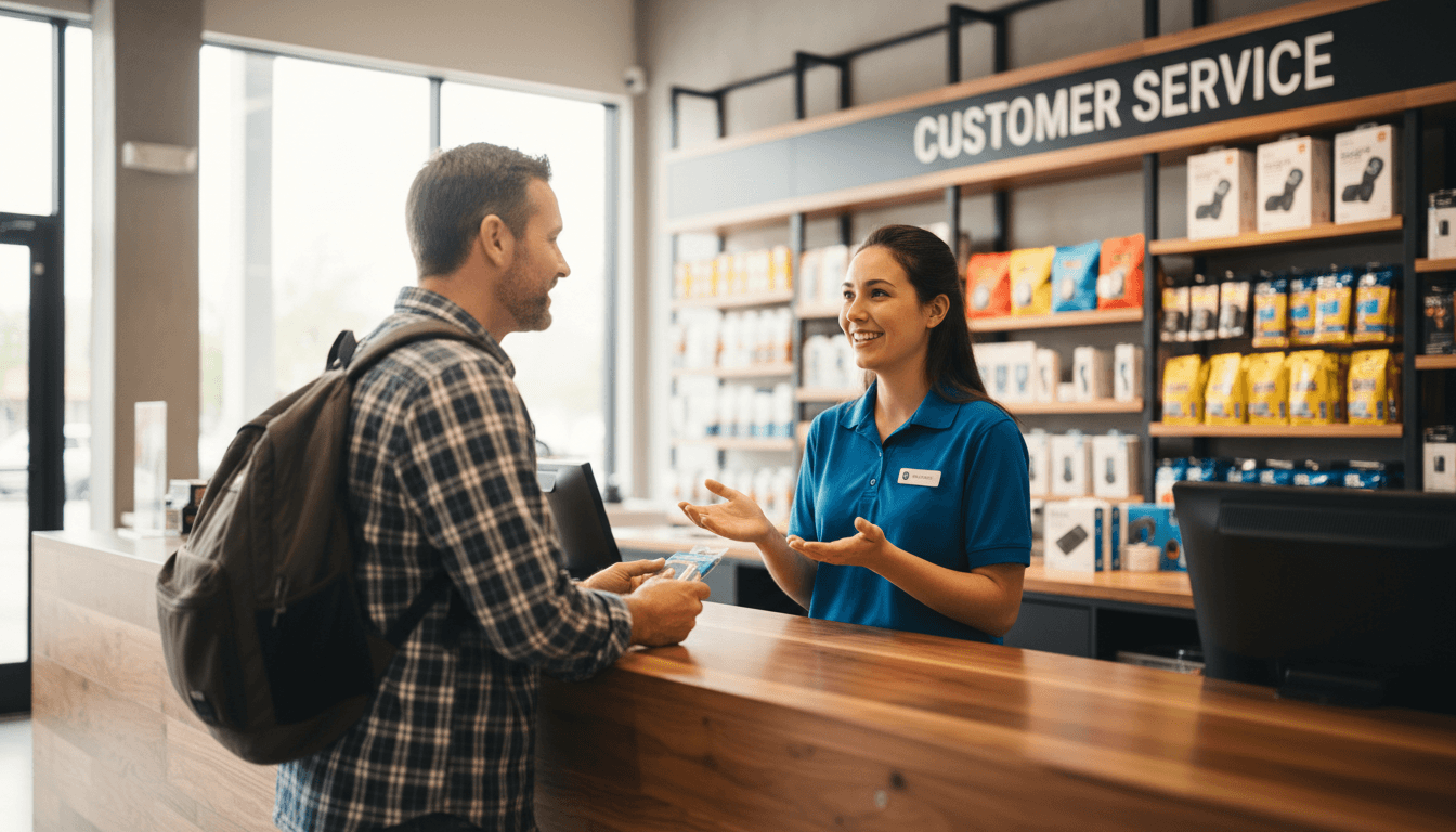 Retail staff member assisting a customer at a service counter