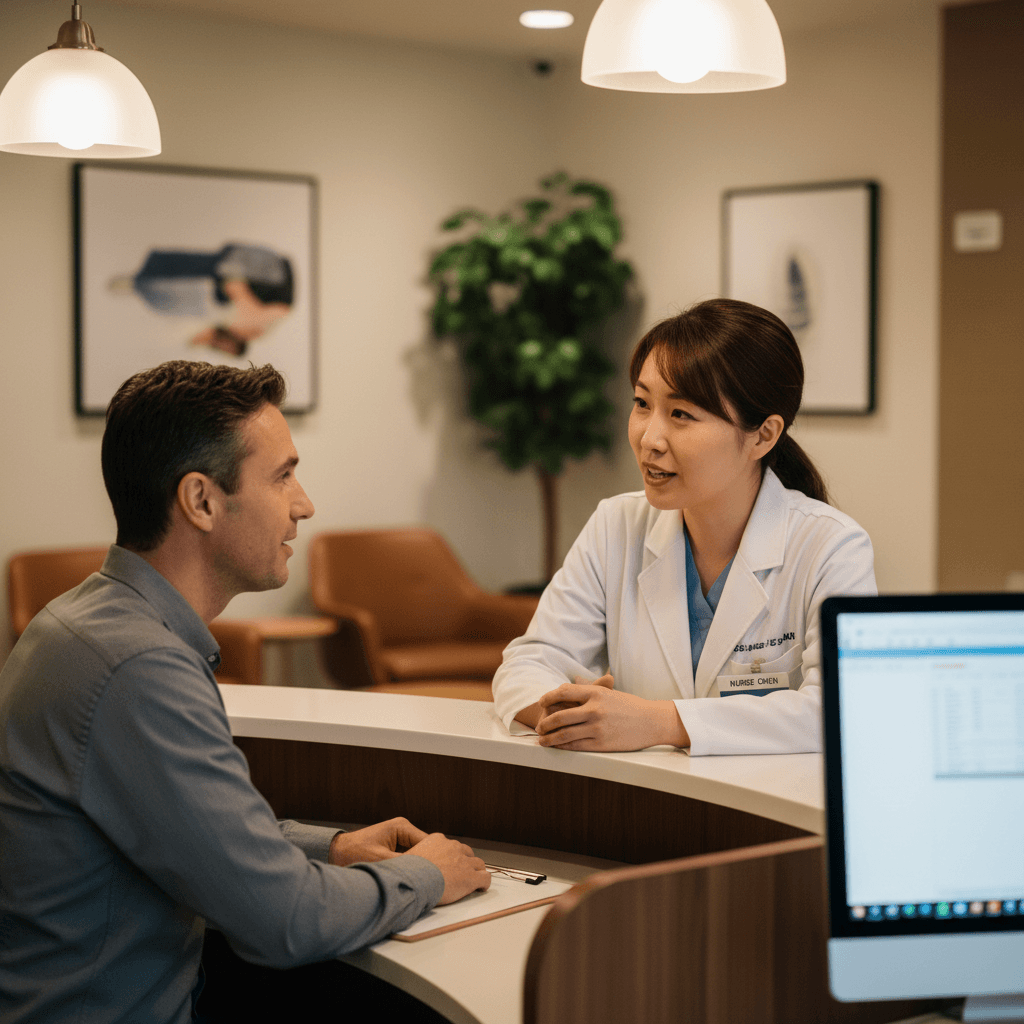 Healthcare receptionist providing attentive customer service at check-in desk