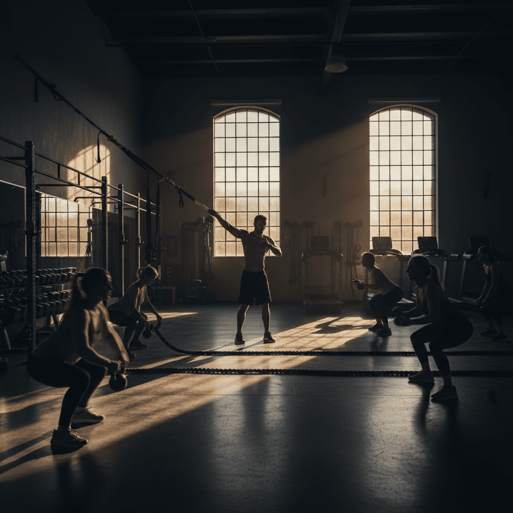 Personal trainer instructing class in modern gym studio