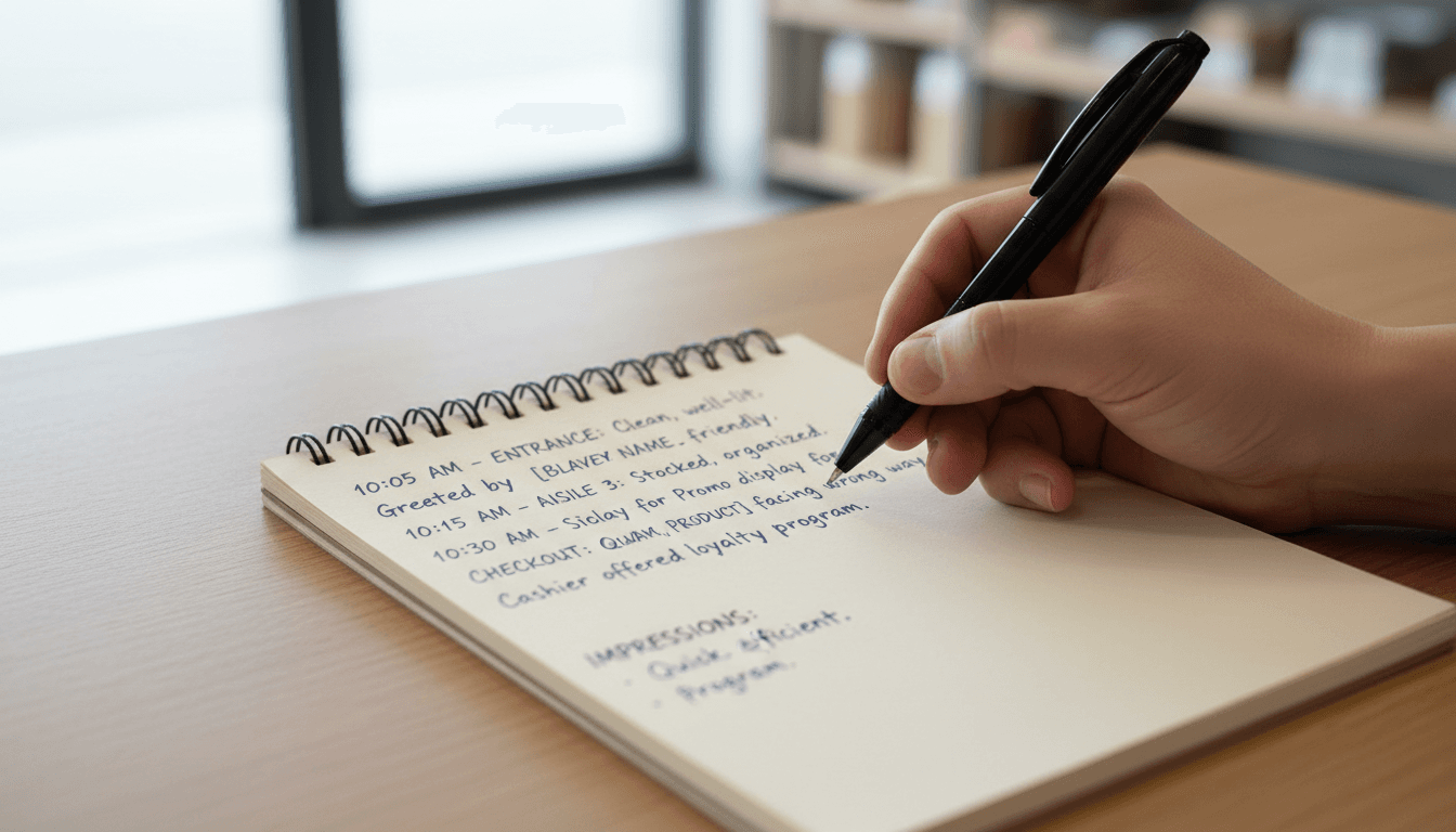 Mystery shopper documenting detailed customer experience observations