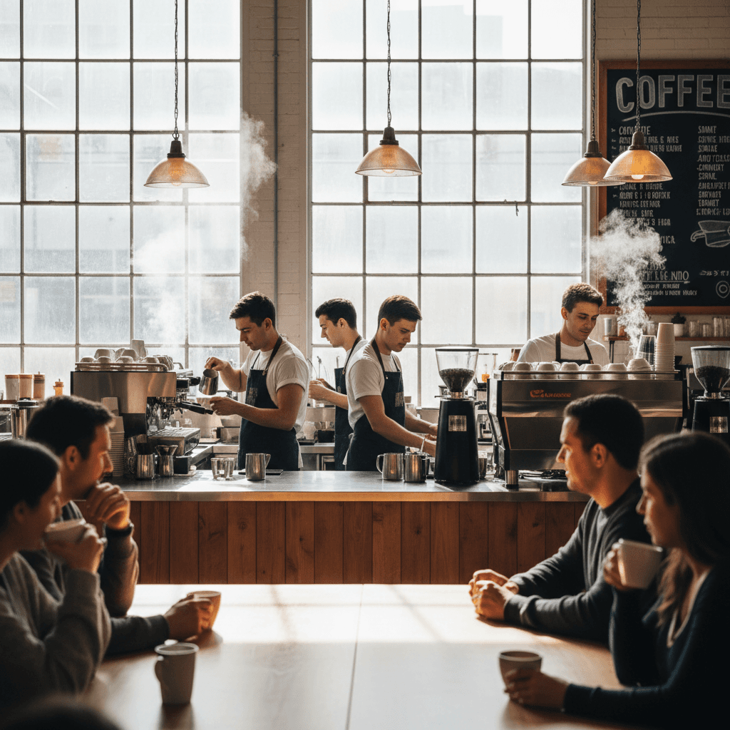 Café team delivering coordinated customer service during busy service period