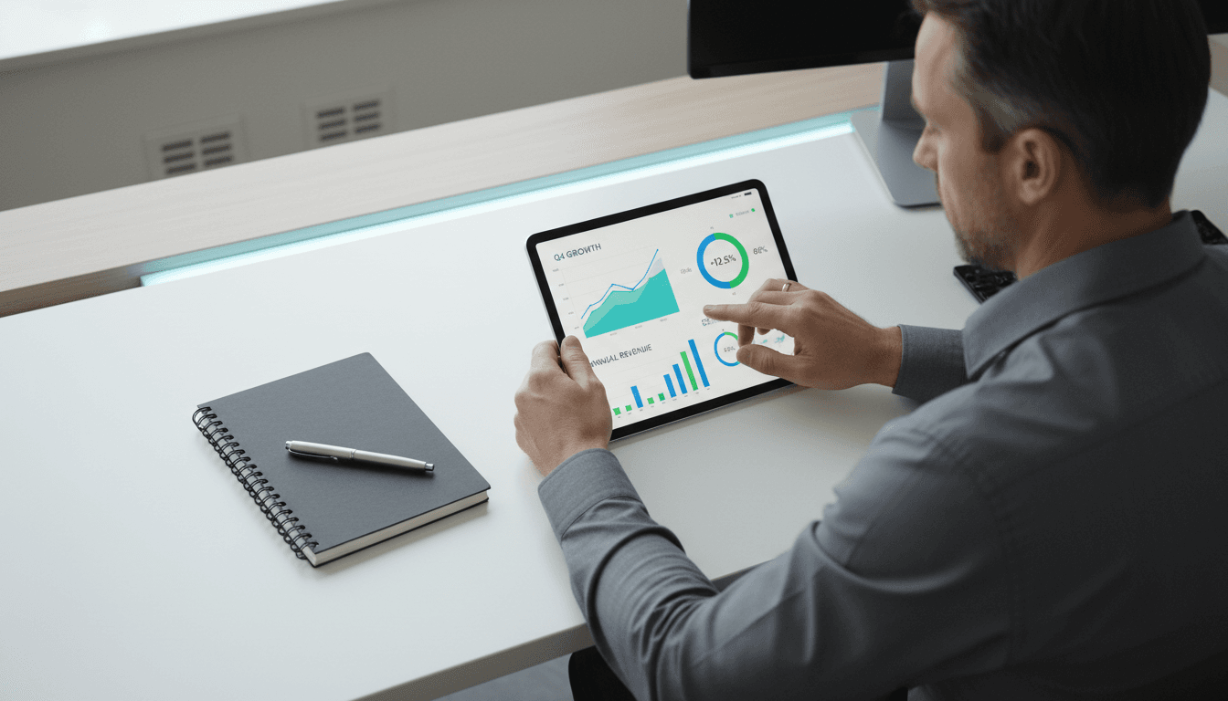 Manager reviewing performance metrics and audit trends on tablet