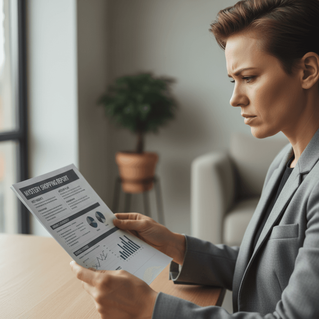 Restaurant owner reviewing service quality evaluation findings