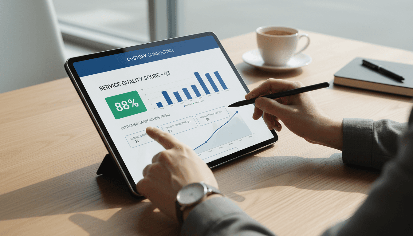 Business owner reviewing mystery shopping data and performance metrics