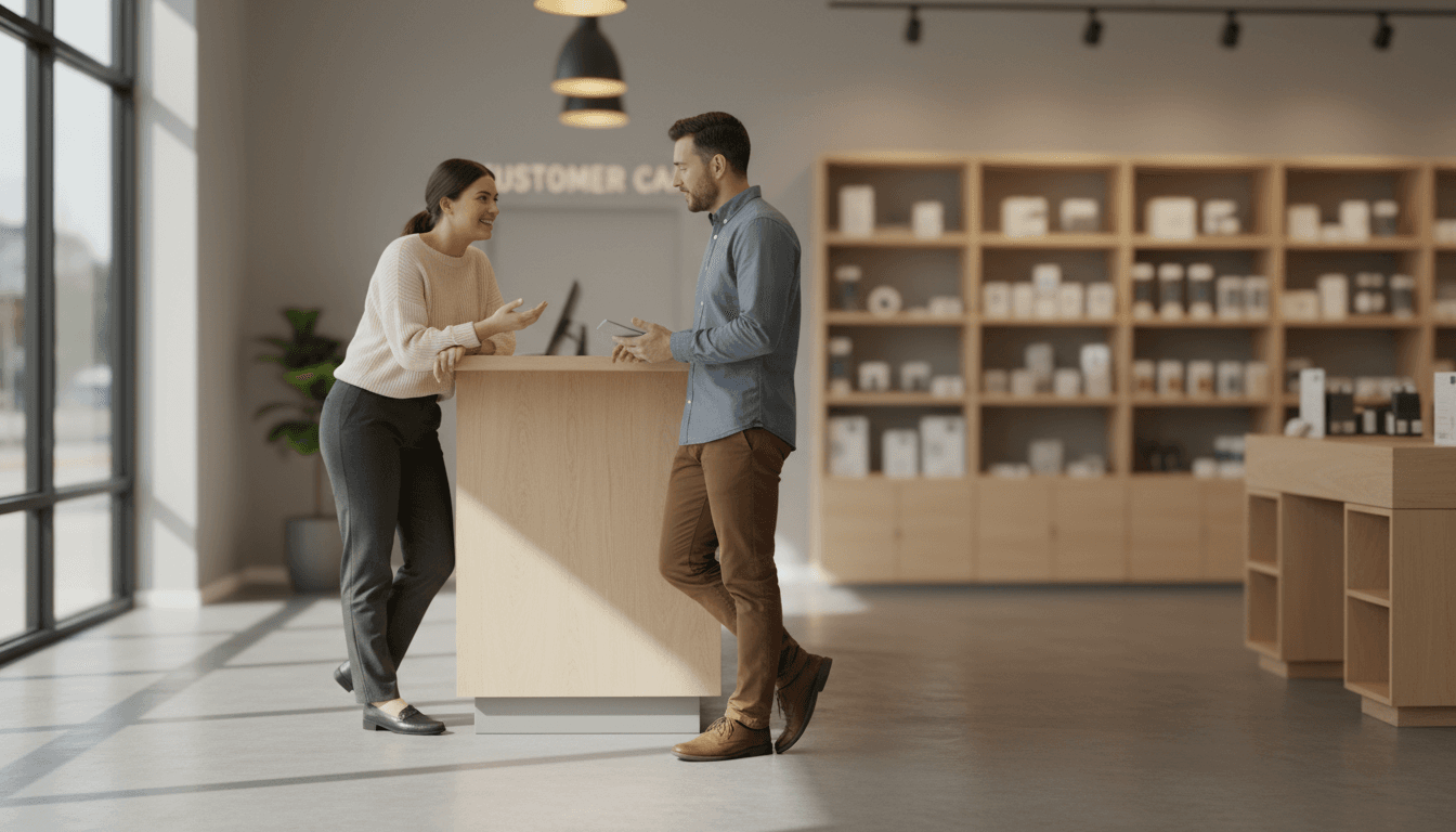 Professional customer service interaction in a modern retail environment, showcasing positive staff engagement and customer satisfaction