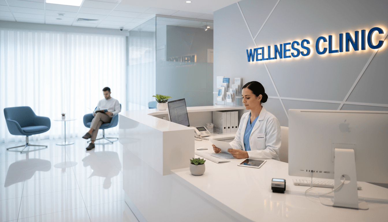 Healthcare receptionist managing patient check-in professionally