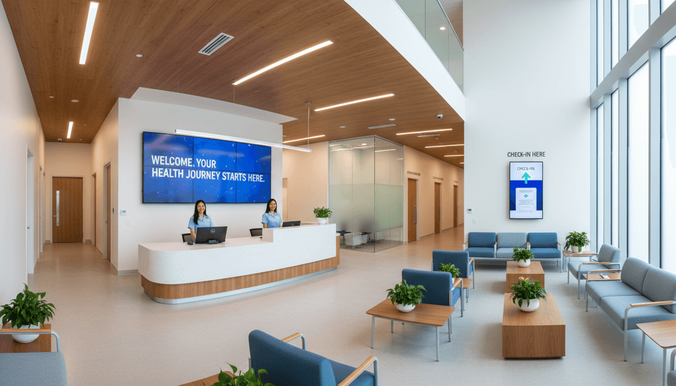 A fresh, process-oriented aesthetic sequence showing a healthcare clinic reception area from the patient perspective