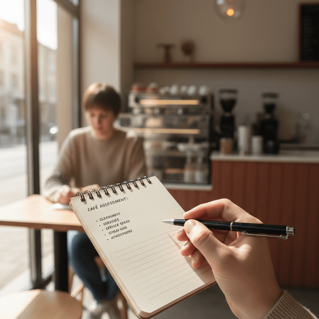 Mystery shopper taking notes during an evaluation visit