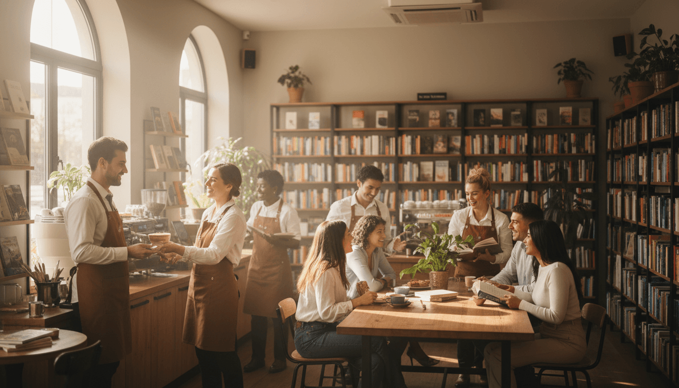 Staff members engaged in genuine customer interactions in a modern retail or hospitality space