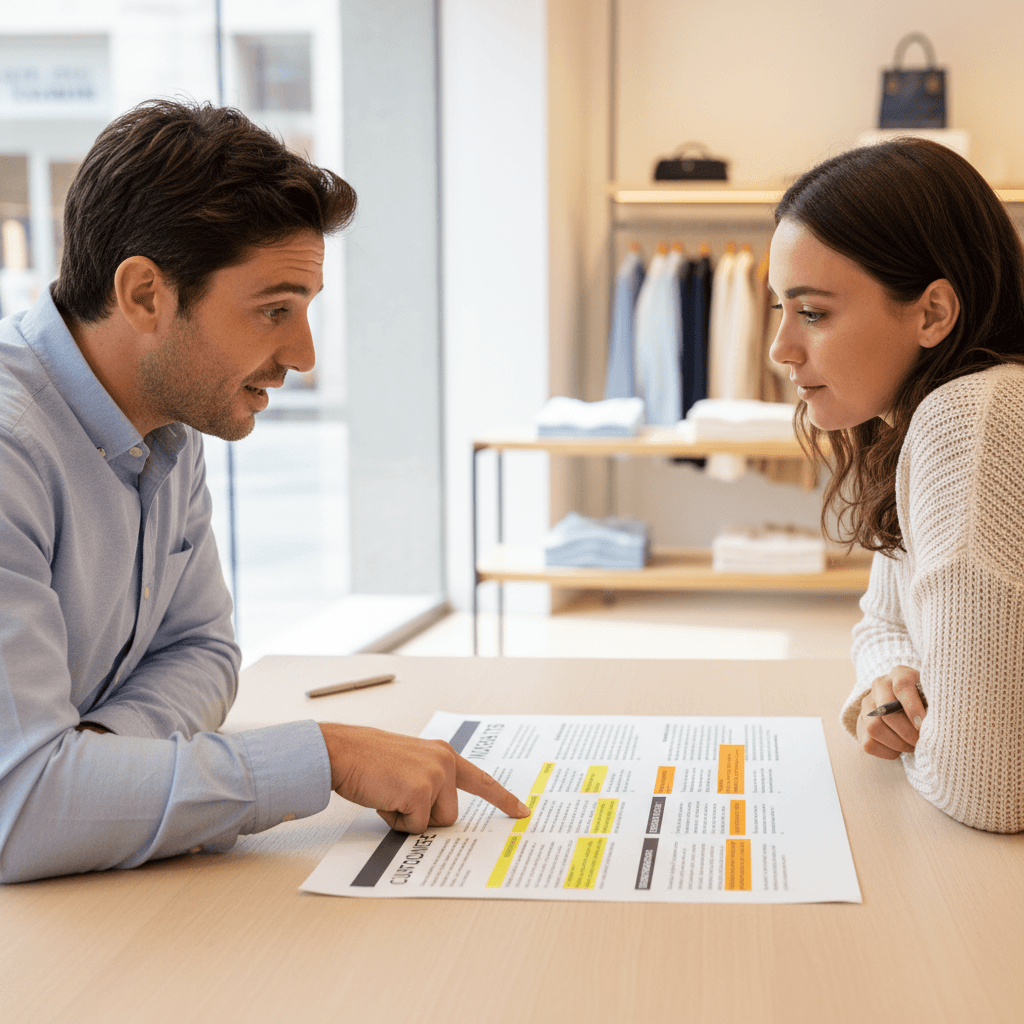 Business owner reviewing customer experience insights with consultant