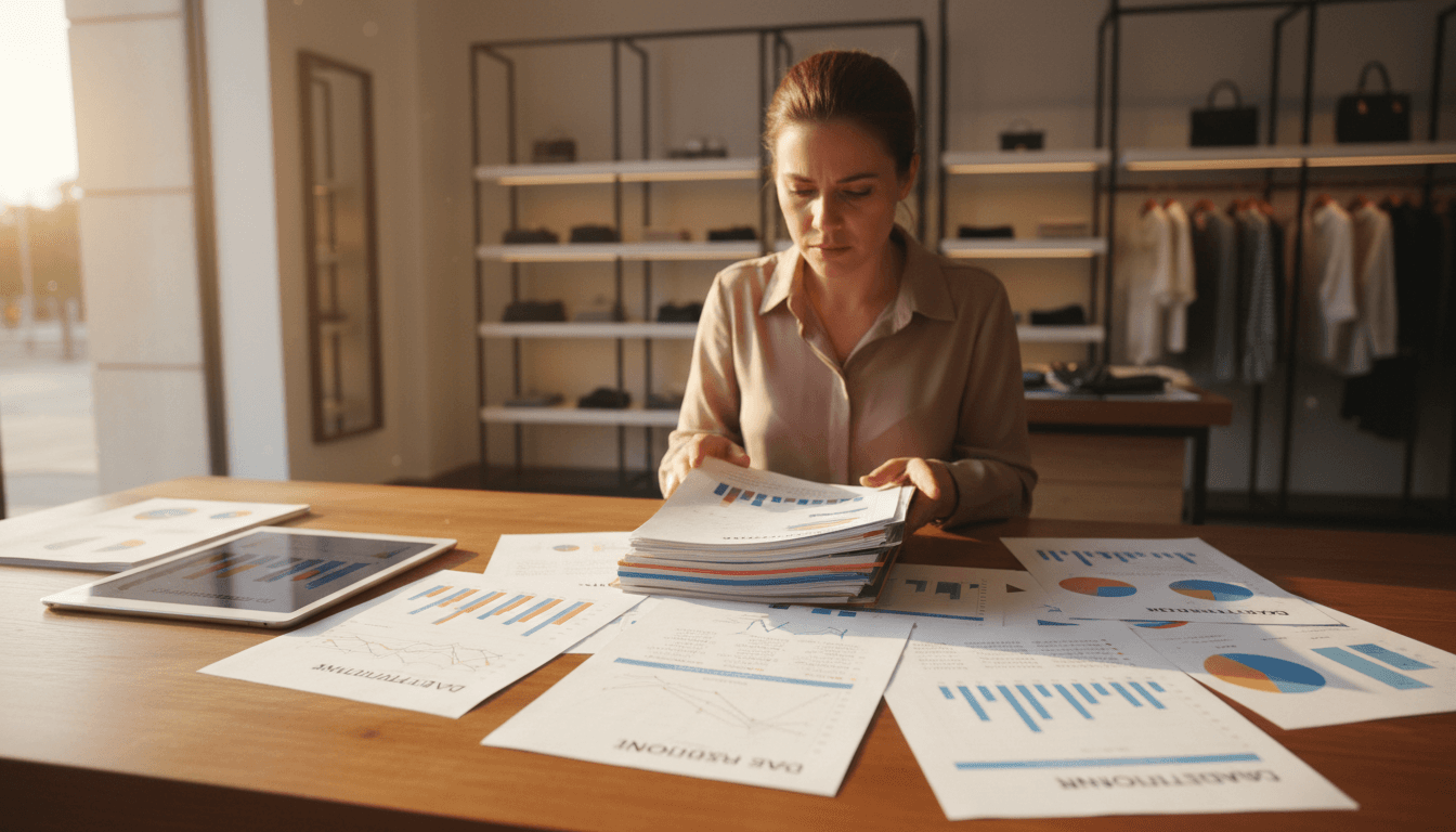 Retail manager reviewing mystery shopping evaluation reports