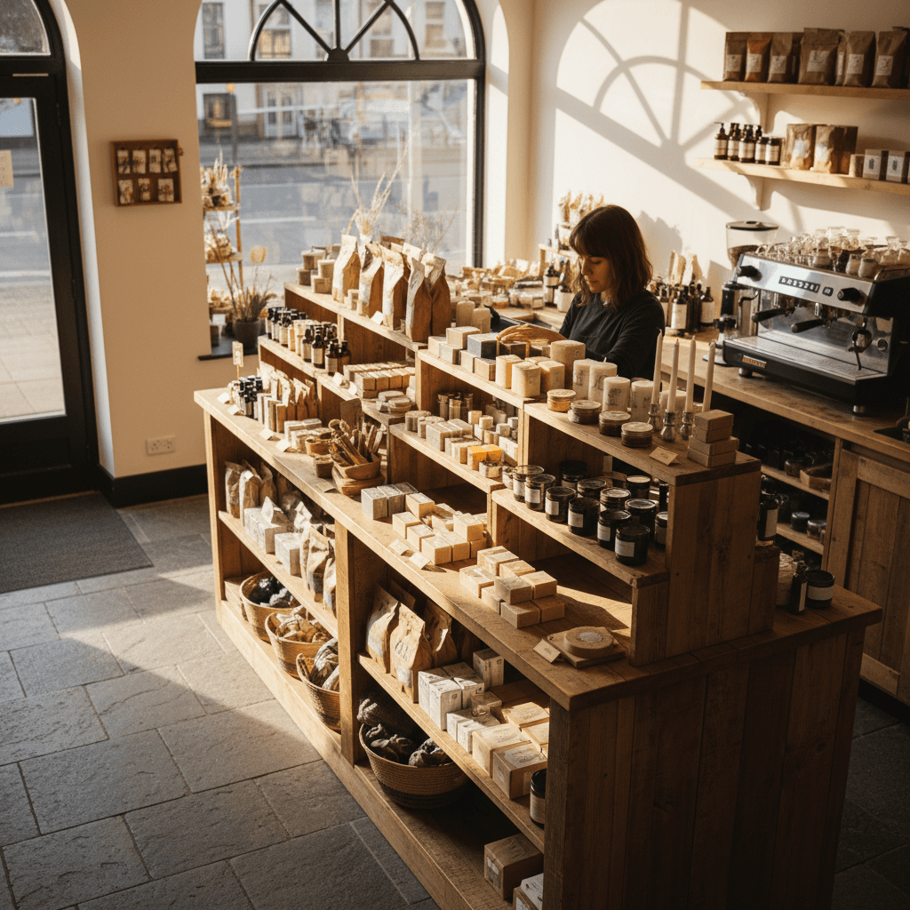Retail staff member arranging store displays during opening preparation