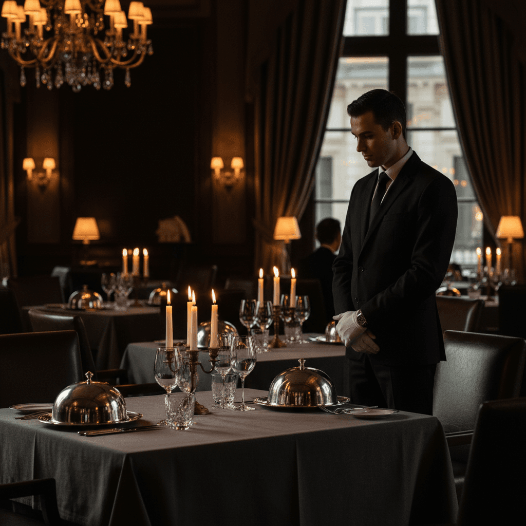 Restaurant staff member providing attentive table service in elegantly set dining room