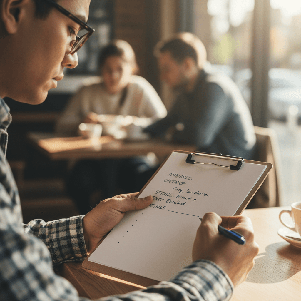 Mystery shopper documenting detailed observations during a customer experience evaluation