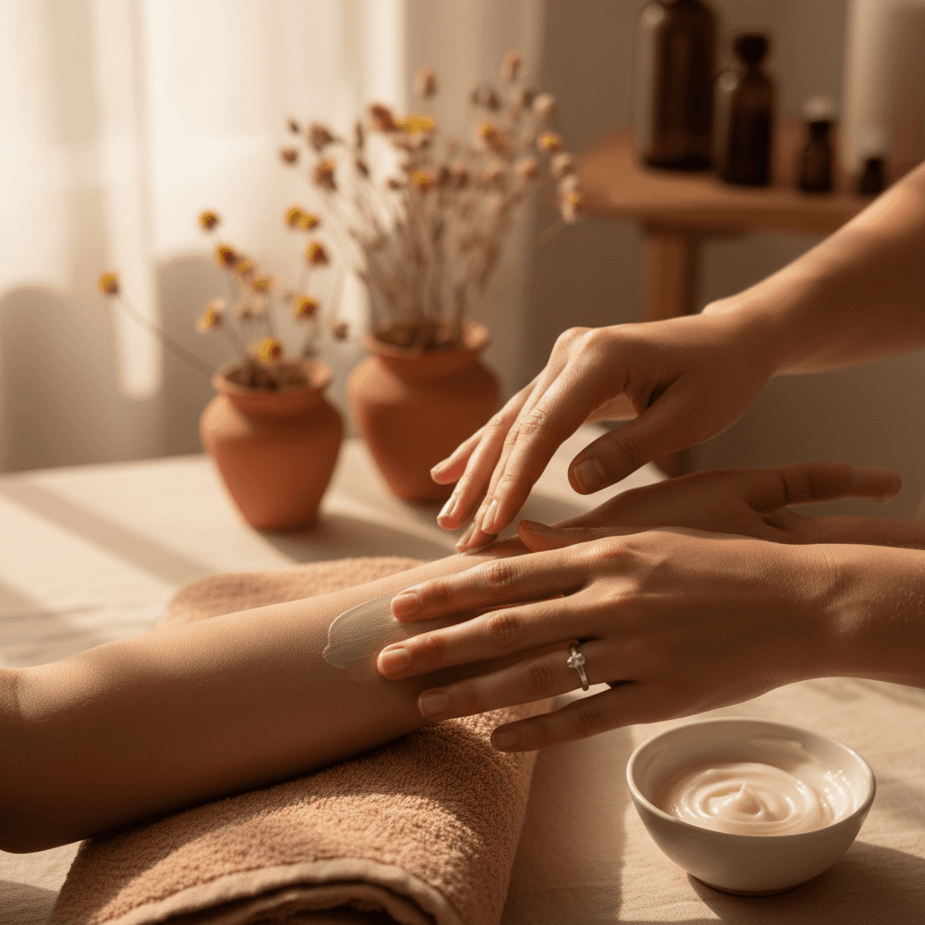 Beauty professional performing treatment on client