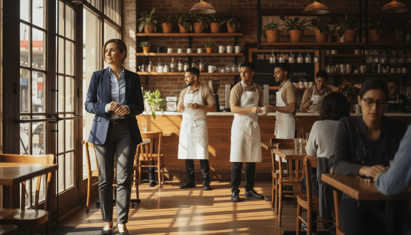 A mystery shopper observing customer service interactions in a busy retail or hospitality environment