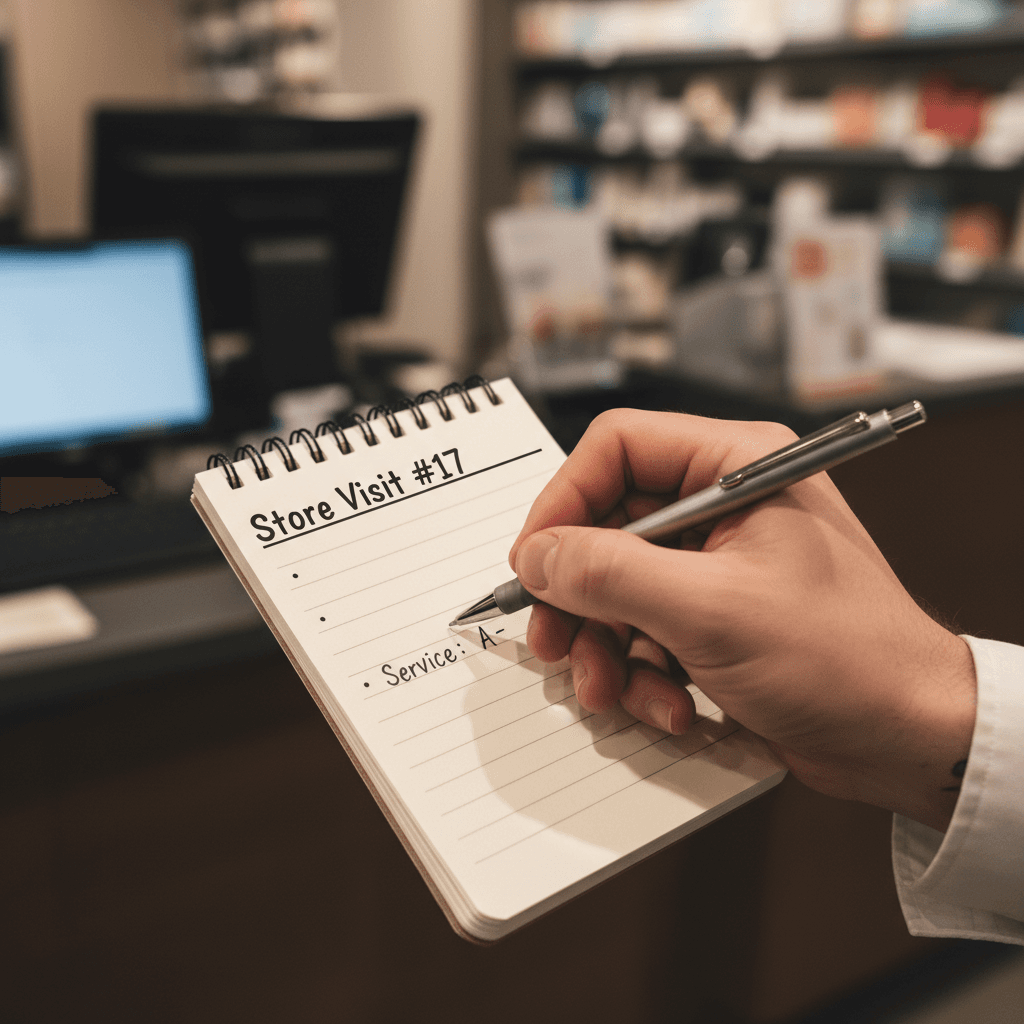 Mystery shopper taking notes during evaluation