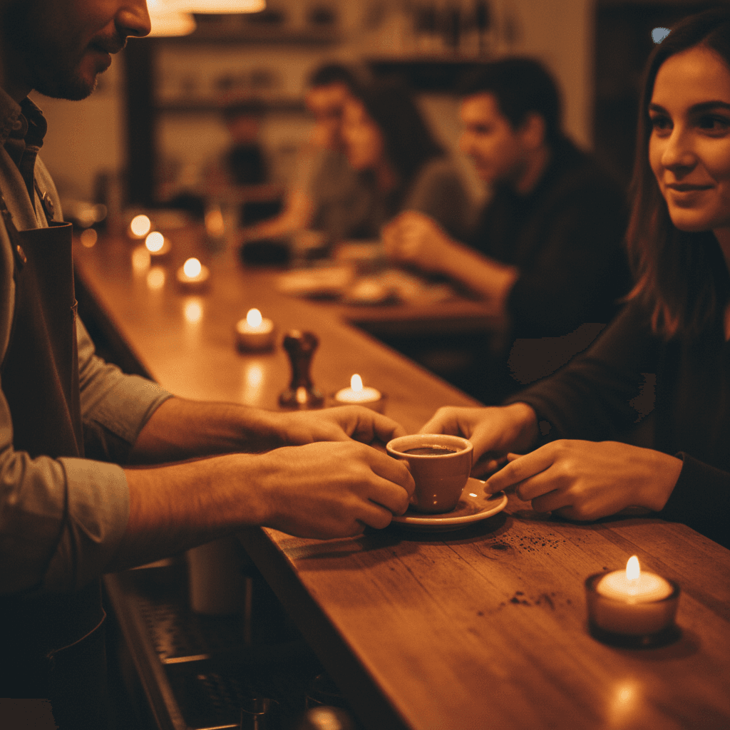Barista serving espresso to customer in café