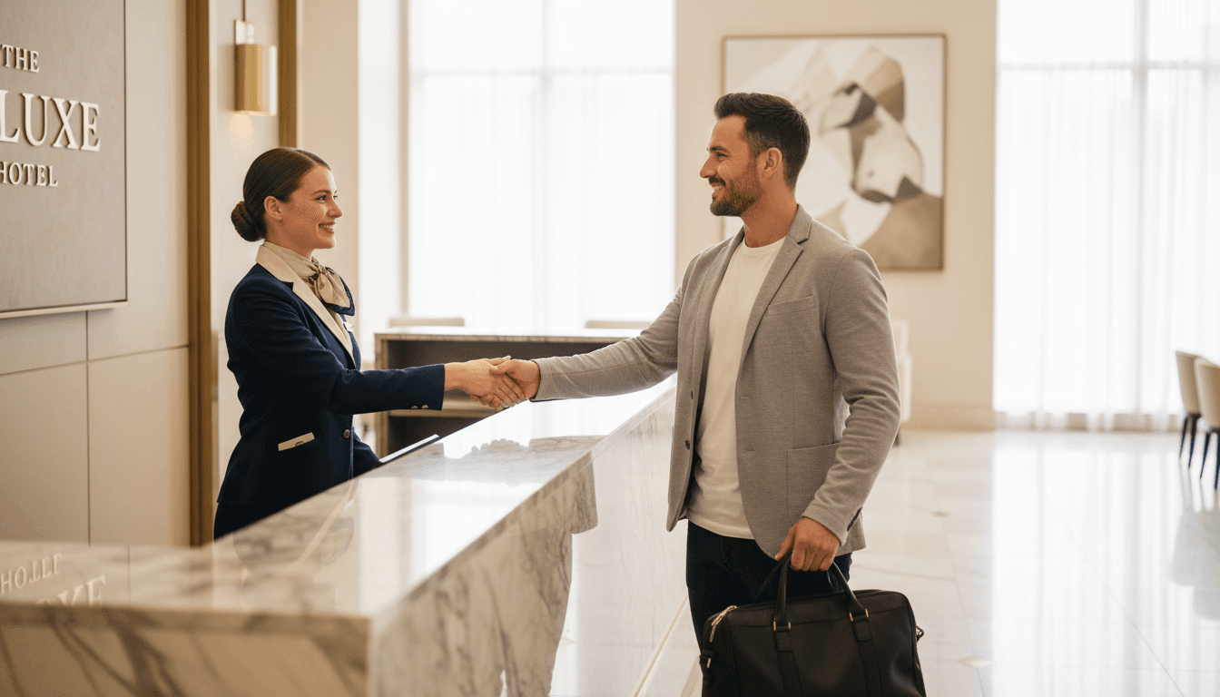 Hotel receptionist welcoming guest at check-in desk
